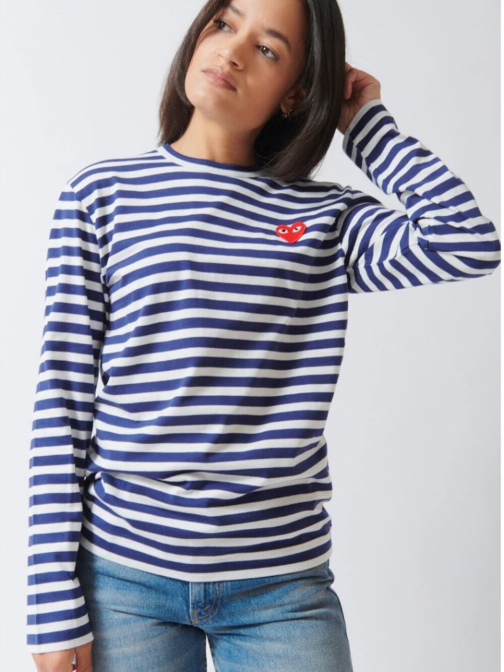 Comme des Garçons PLAY Navy & White Striped Long-Sleeve Tee Red Heart Size M
